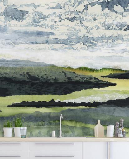 grønt, blåt og hvidt abstrakt landskabsmaleri kaldet Winding River af Lara Eckerman