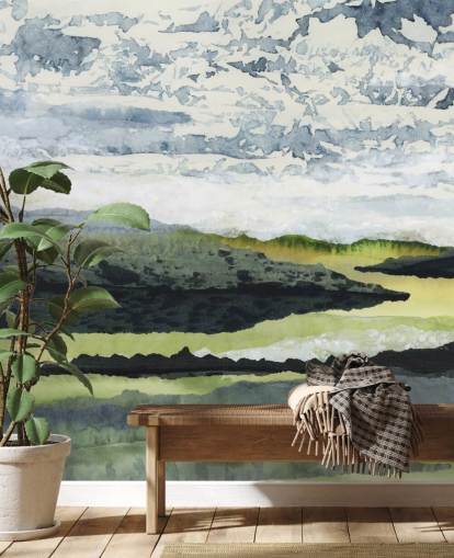 grønt, blåt og hvidt abstrakt landskabsmaleri kaldet Winding River af Lara Eckerman