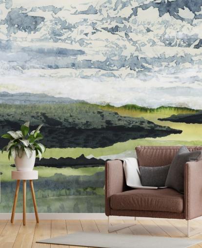 grønt, blåt og hvidt abstrakt landskabsmaleri kaldet Winding River af Lara Eckerman grønt, blåt og hvidt abstrakt landskabsmaleri kaldet Winding River af Lara Eckerman