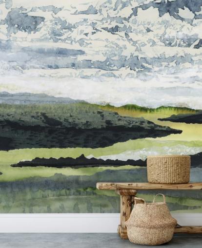 grønt, blåt og hvidt abstrakt landskabsmaleri kaldet Winding River af Lara Eckerman