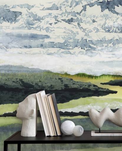 Grünes, blaues und weißes abstraktes Landschaftsgemälde namens Winding River von Lara Eckerman Grünes, blaues und weißes abstraktes Landschaftsgemälde namens Winding River von Lara Eckerman