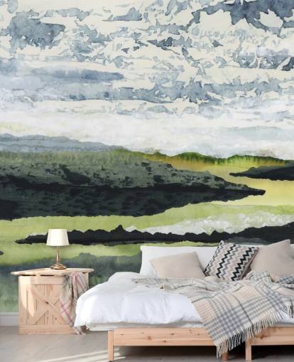 murale con paesaggio astratto verde, blu e bianco chiamato Winding River di Lara Eckerman murale con paesaggio astratto verde, blu e bianco chiamato Winding River di Lara Eckerman