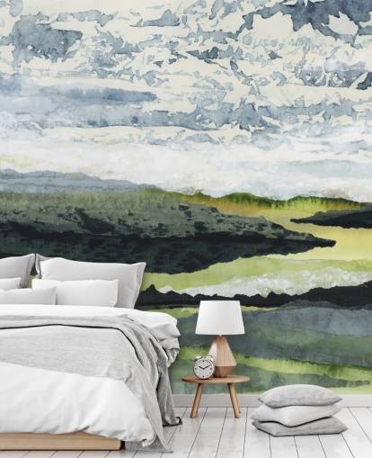 murale con paesaggio astratto verde, blu e bianco chiamato Winding River di Lara Eckerman