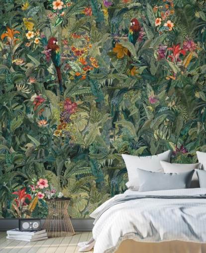 green custom jungle leaf wall mural called Selvanea by Loris Drago for hallways and dining rooms