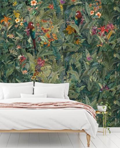 green custom jungle leaf wall mural called Selvanea by Loris Drago for hallways and dining rooms