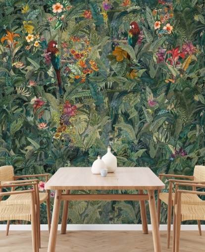 green custom jungle leaf wall mural called Selvanea by Loris Drago for hallways and dining rooms