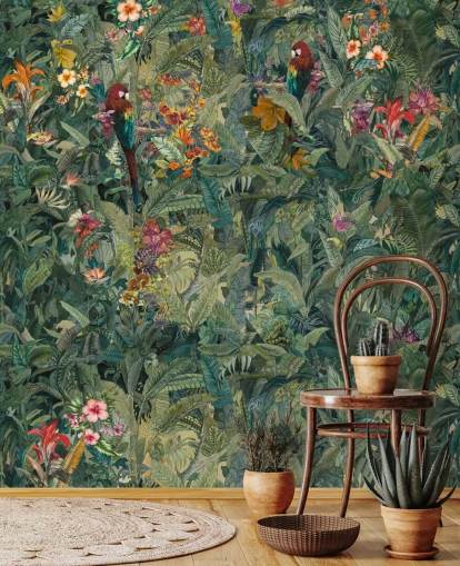 green custom jungle leaf wall mural called Selvanea by Loris Drago for hallways and dining rooms