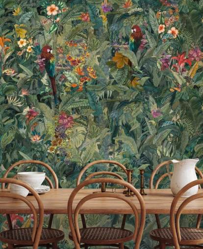 mural de parede verde personalizado em folha de selva chamado Selvanea de Loris Drago para corredores e salas de jantar