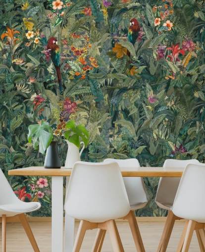 green custom jungle leaf wall mural called Selvanea by Loris Drago for hallways and dining rooms