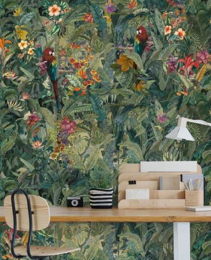 mural de parede verde personalizado em folha de selva chamado Selvanea de Loris Drago para corredores e salas de jantar