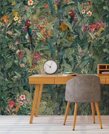 mural de pared verde personalizado con hojas de selva llamado Selvanea de Loris Drago para pasillos y comedores