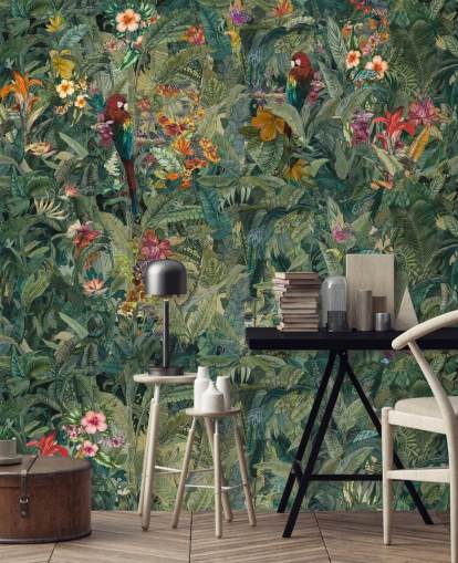 green custom jungle leaf wall mural called Selvanea by Loris Drago for hallways and dining rooms
