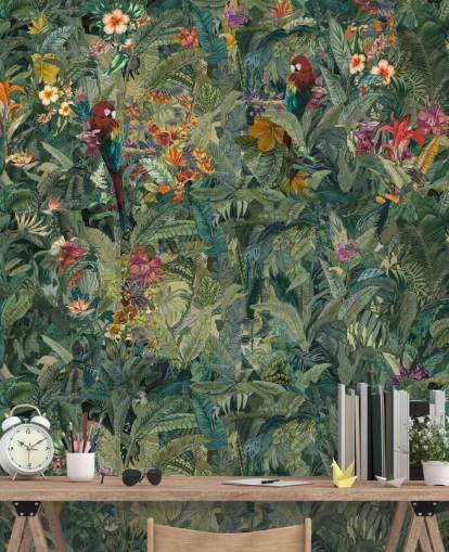 mural de parede verde personalizado em folha de selva chamado Selvanea de Loris Drago para corredores e salas de jantar