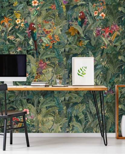 mural de parede verde personalizado em folha de selva chamado Selvanea de Loris Drago para corredores e salas de jantar