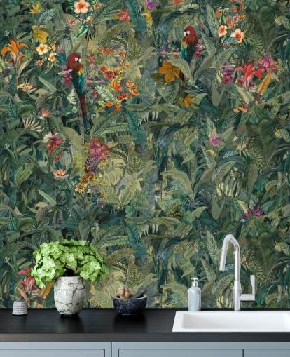 green custom jungle leaf wall mural called Selvanea by Loris Drago for hallways and dining rooms