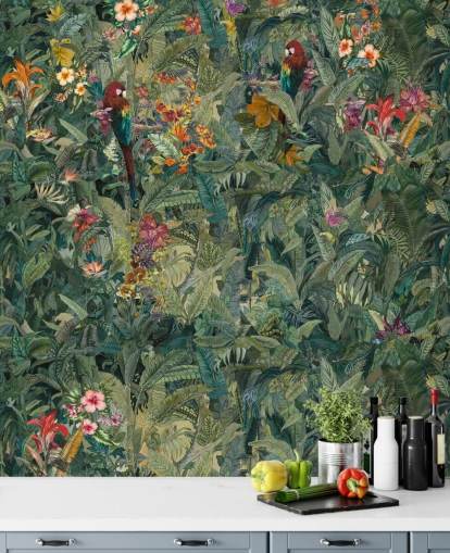 green custom jungle leaf wall mural called Selvanea by Loris Drago for hallways and dining rooms