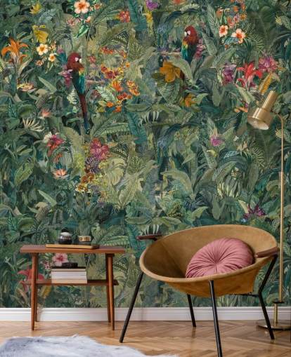 mural de pared verde personalizado con hojas de selva llamado Selvanea de Loris Drago para pasillos y comedores mural de pared verde personalizado con hojas de selva llamado Selvanea de Loris Drago para pasillos y comedores