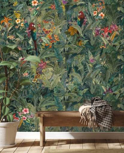 groene op maat gemaakte muurschildering met junglebladeren genaamd Selvanea van Loris Drago voor gangen en eetkamers groene op maat gemaakte muurschildering met junglebladeren genaamd Selvanea van Loris Drago voor gangen en eetkamers