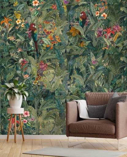 mural de pared verde personalizado con hojas de selva llamado Selvanea de Loris Drago para pasillos y comedores