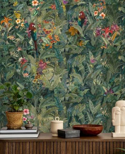 grønt brugerdefineret jungleblad vægmaleri kaldet Selvanea af Loris Drago til gange og spisestuer