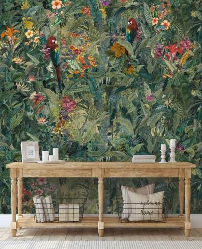 mural de pared verde personalizado con hojas de selva llamado Selvanea de Loris Drago para pasillos y comedores mural de pared verde personalizado con hojas de selva llamado Selvanea de Loris Drago para pasillos y comedores