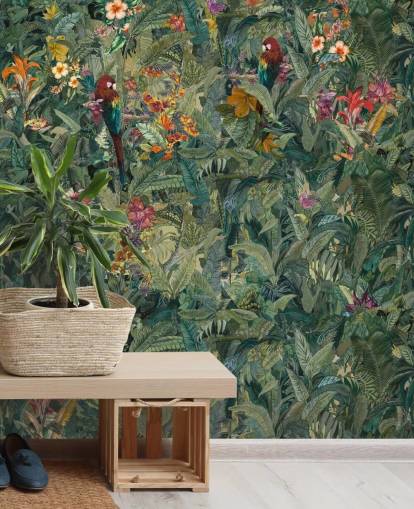 mural de pared verde personalizado con hojas de selva llamado Selvanea de Loris Drago para pasillos y comedores mural de pared verde personalizado con hojas de selva llamado Selvanea de Loris Drago para pasillos y comedores