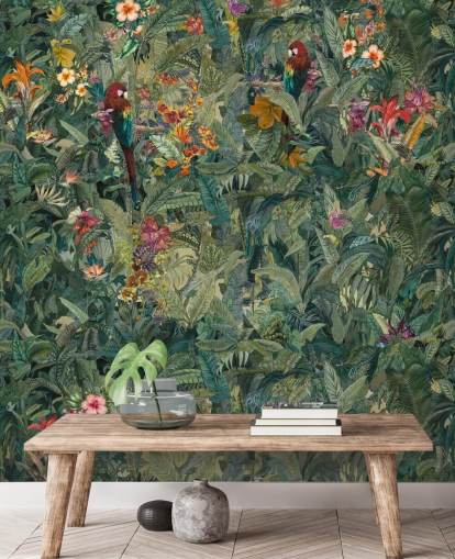 mural de parede verde personalizado em folha de selva chamado Selvanea de Loris Drago para corredores e salas de jantar