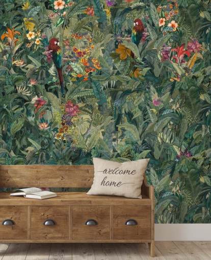green custom jungle leaf wall mural called Selvanea by Loris Drago for hallways and dining rooms