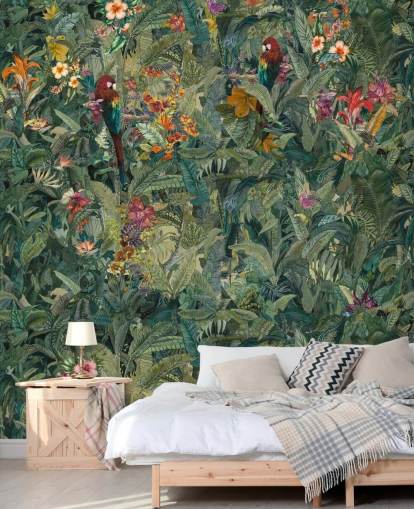 mural de pared verde personalizado con hojas de selva llamado Selvanea de Loris Drago para pasillos y comedores