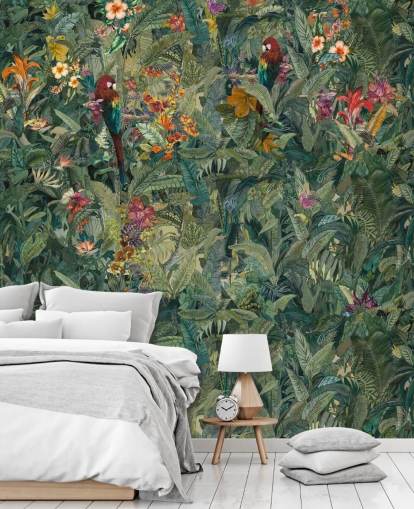 mural de pared verde personalizado con hojas de selva llamado Selvanea de Loris Drago para pasillos y comedores mural de pared verde personalizado con hojas de selva llamado Selvanea de Loris Drago para pasillos y comedores