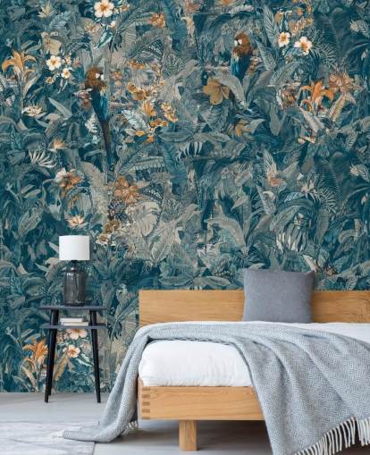 mural azul y gris personalizado de hojas de jungla llamado Selvanea II de Loris Drago para dormitorios, comedores y salas de estar mural azul y gris personalizado de hojas de jungla llamado Selvanea II de Loris Drago para dormitorios, comedores y salas de estar