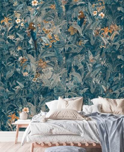 peinture murale personnalisée bleue et grise de feuilles de jungle appelée Selvanea II par Loris Drago pour les chambres, les salles à manger et les salons