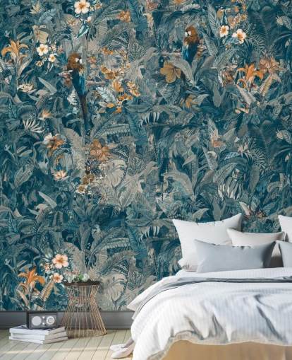 mural de folhas de selva personalizado em azul e cinza chamado Selvanea II de Loris Drago para quartos, salas de jantar e salas de estar