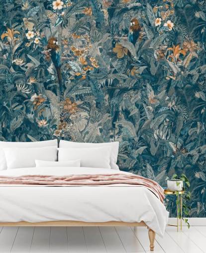 selbstgefertigtes Wandbild mit Dschungelblättern in Blau und Grau namens Selvanea II von Loris Drago für Schlafzimmer, Esszimmer und Wohnzimmer