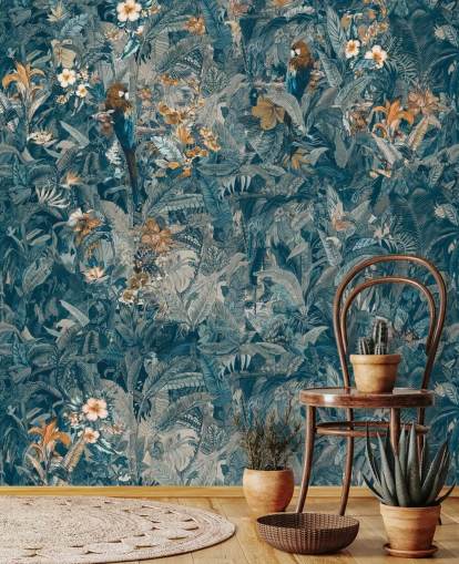 selbstgefertigtes Wandbild mit Dschungelblättern in Blau und Grau namens Selvanea II von Loris Drago für Schlafzimmer, Esszimmer und Wohnzimmer selbstgefertigtes Wandbild mit Dschungelblättern in Blau und Grau namens Selvanea II von Loris Drago für Schlafzimmer, Esszimmer und Wohnzimmer