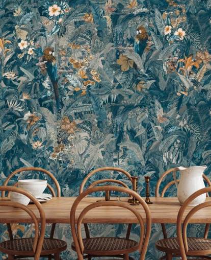 mural de folhas de selva personalizado em azul e cinza chamado Selvanea II de Loris Drago para quartos, salas de jantar e salas de estar