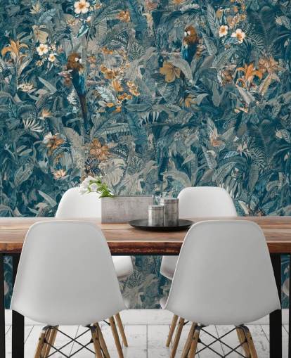 mural azul y gris personalizado de hojas de jungla llamado Selvanea II de Loris Drago para dormitorios, comedores y salas de estar