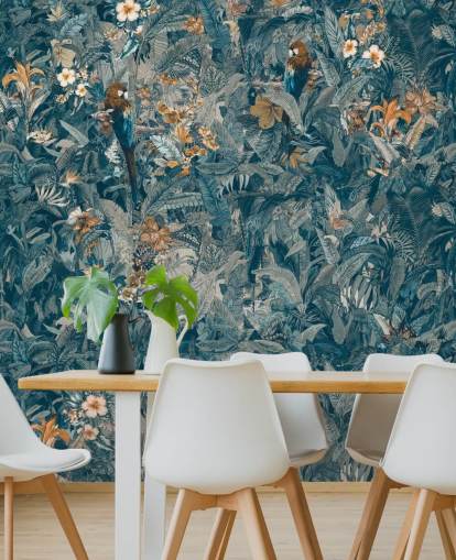 mural azul y gris personalizado de hojas de jungla llamado Selvanea II de Loris Drago para dormitorios, comedores y salas de estar