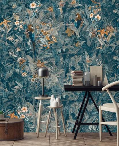 murale personalizzato con foglie di giungla blu e grigio chiamato Selvanea II di Loris Drago per camere da letto, sale da pranzo e salotti