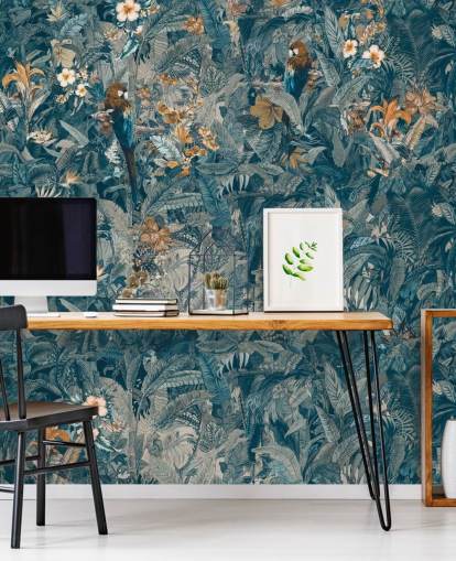 blauwe en grijze muurschildering met junglebladeren op maat genaamd Selvanea II van Loris Drago voor slaapkamers, eetkamers en woonkamers blauwe en grijze muurschildering met junglebladeren op maat genaamd Selvanea II van Loris Drago voor slaapkamers, eetkamers en woonkamers