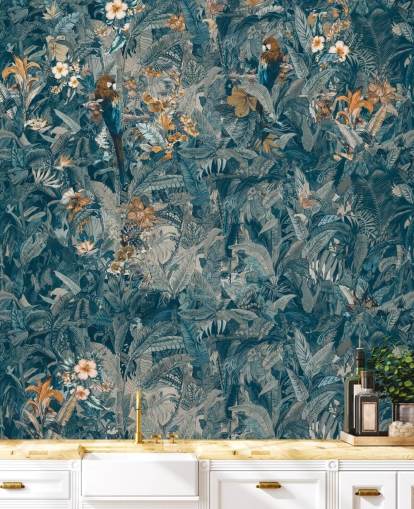 mural azul y gris personalizado de hojas de jungla llamado Selvanea II de Loris Drago para dormitorios, comedores y salas de estar