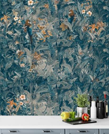 mural de folhas de selva personalizado em azul e cinza chamado Selvanea II de Loris Drago para quartos, salas de jantar e salas de estar