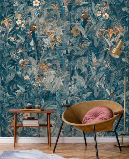 mural azul y gris personalizado de hojas de jungla llamado Selvanea II de Loris Drago para dormitorios, comedores y salas de estar