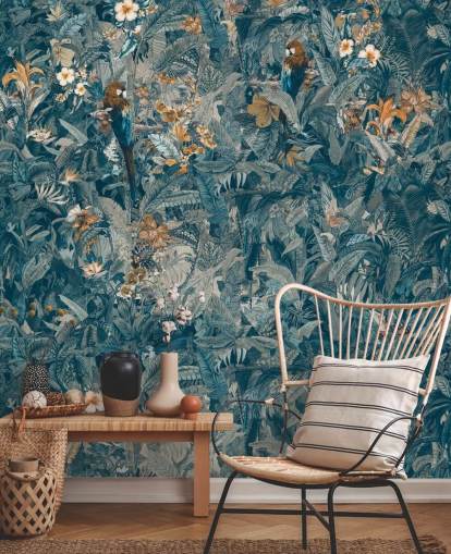 murale personalizzato con foglie di giungla blu e grigio chiamato Selvanea II di Loris Drago per camere da letto, sale da pranzo e salotti