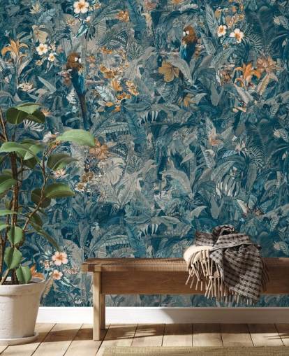 selbstgefertigtes Wandbild mit Dschungelblättern in Blau und Grau namens Selvanea II von Loris Drago für Schlafzimmer, Esszimmer und Wohnzimmer selbstgefertigtes Wandbild mit Dschungelblättern in Blau und Grau namens Selvanea II von Loris Drago für Schlafzimmer, Esszimmer und Wohnzimmer