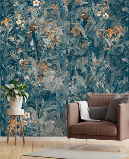 mural azul y gris personalizado de hojas de jungla llamado Selvanea II de Loris Drago para dormitorios, comedores y salas de estar