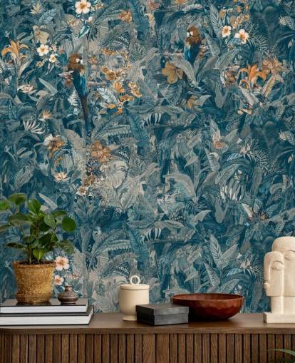 mural azul y gris personalizado de hojas de jungla llamado Selvanea II de Loris Drago para dormitorios, comedores y salas de estar