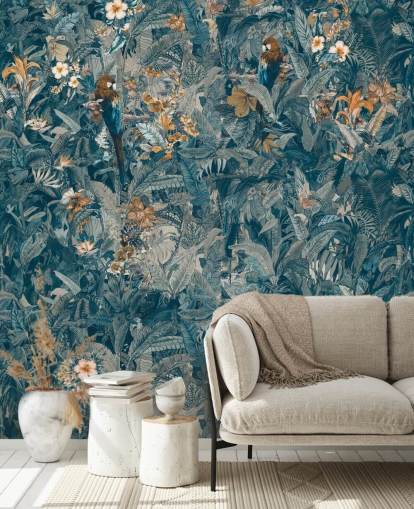 selbstgefertigtes Wandbild mit Dschungelblättern in Blau und Grau namens Selvanea II von Loris Drago für Schlafzimmer, Esszimmer und Wohnzimmer