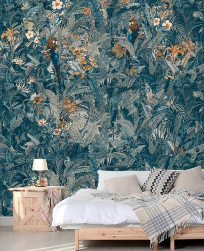 blue and grey custom jungle leaves mural called Selvanea II by Loris Drago for bedrooms, dining rooms and living rooms blue and grey custom jungle leaves mural called Selvanea II by Loris Drago for bedrooms, dining rooms and living rooms
