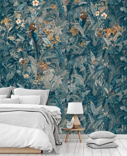 blue and grey custom jungle leaves mural called Selvanea II by Loris Drago for bedrooms, dining rooms and living rooms